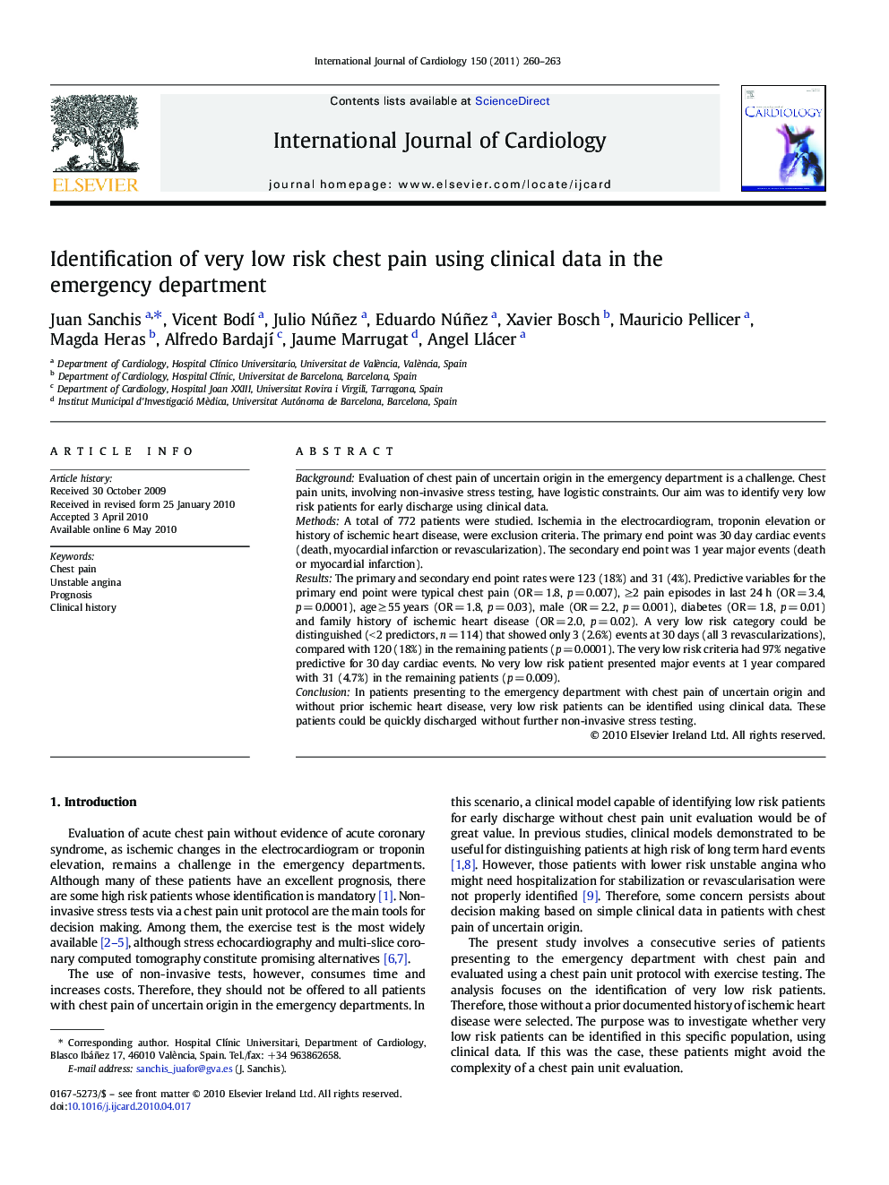 Identification of very low risk chest pain using clinical data in the emergency department