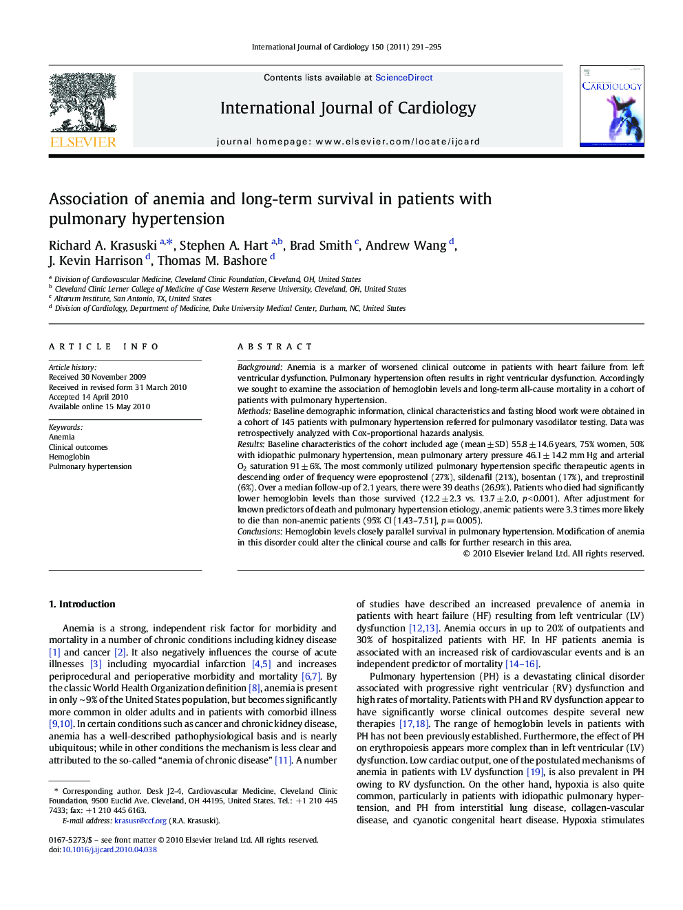 Association of anemia and long-term survival in patients with pulmonary hypertension