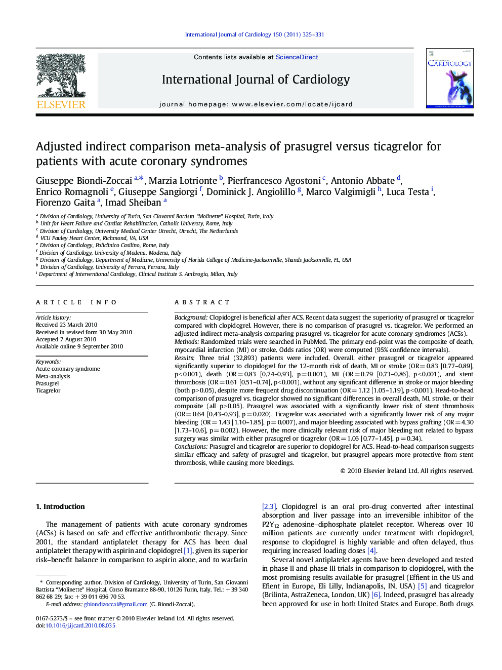 Adjusted indirect comparison meta-analysis of prasugrel versus ticagrelor for patients with acute coronary syndromes