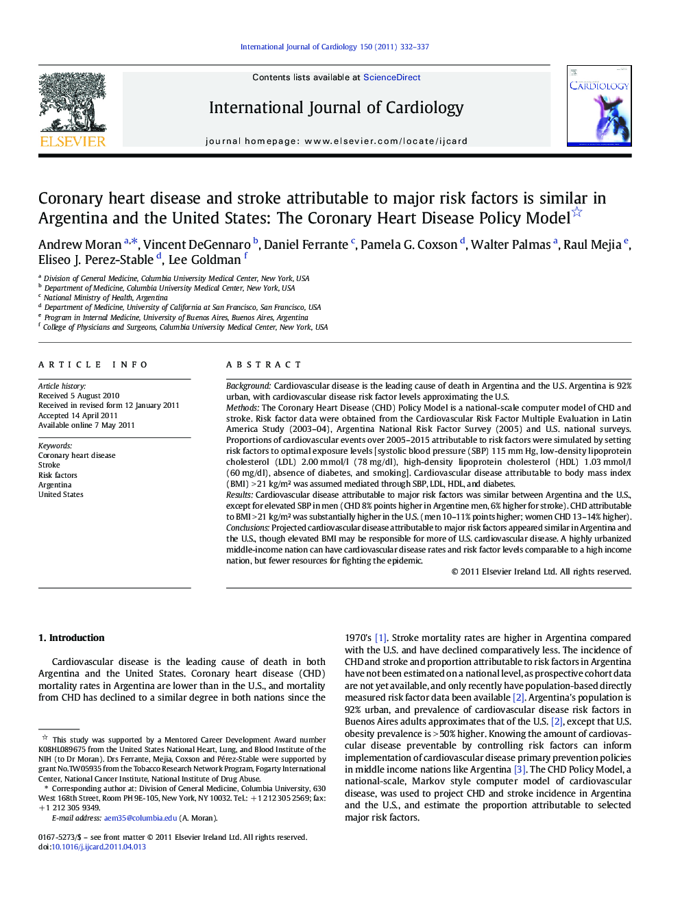 عکس صفحه اول مقاله: Coronary heart disease and stroke attributable to major risk factors is similar in Argentina and the United States: The Coronary Heart Disease Policy Model Coronary heart disease and stroke attributable to major risk factors is similar in Argentina and the United States: The Coronary Heart Disease Policy Model