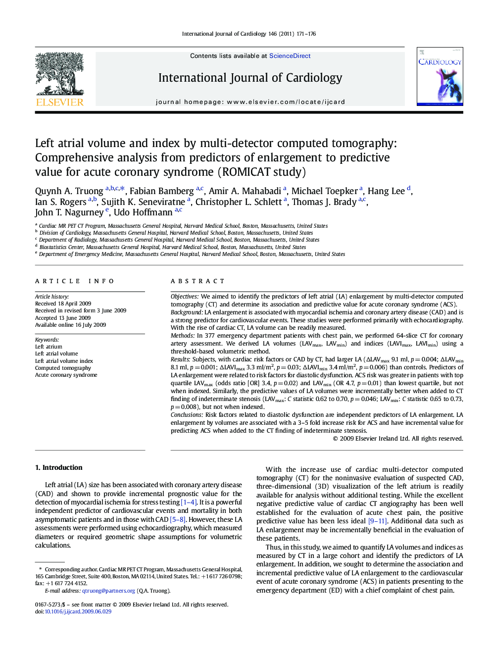 Left atrial volume and index by multi-detector computed tomography: Comprehensive analysis from predictors of enlargement to predictive value for acute coronary syndrome (ROMICAT study)