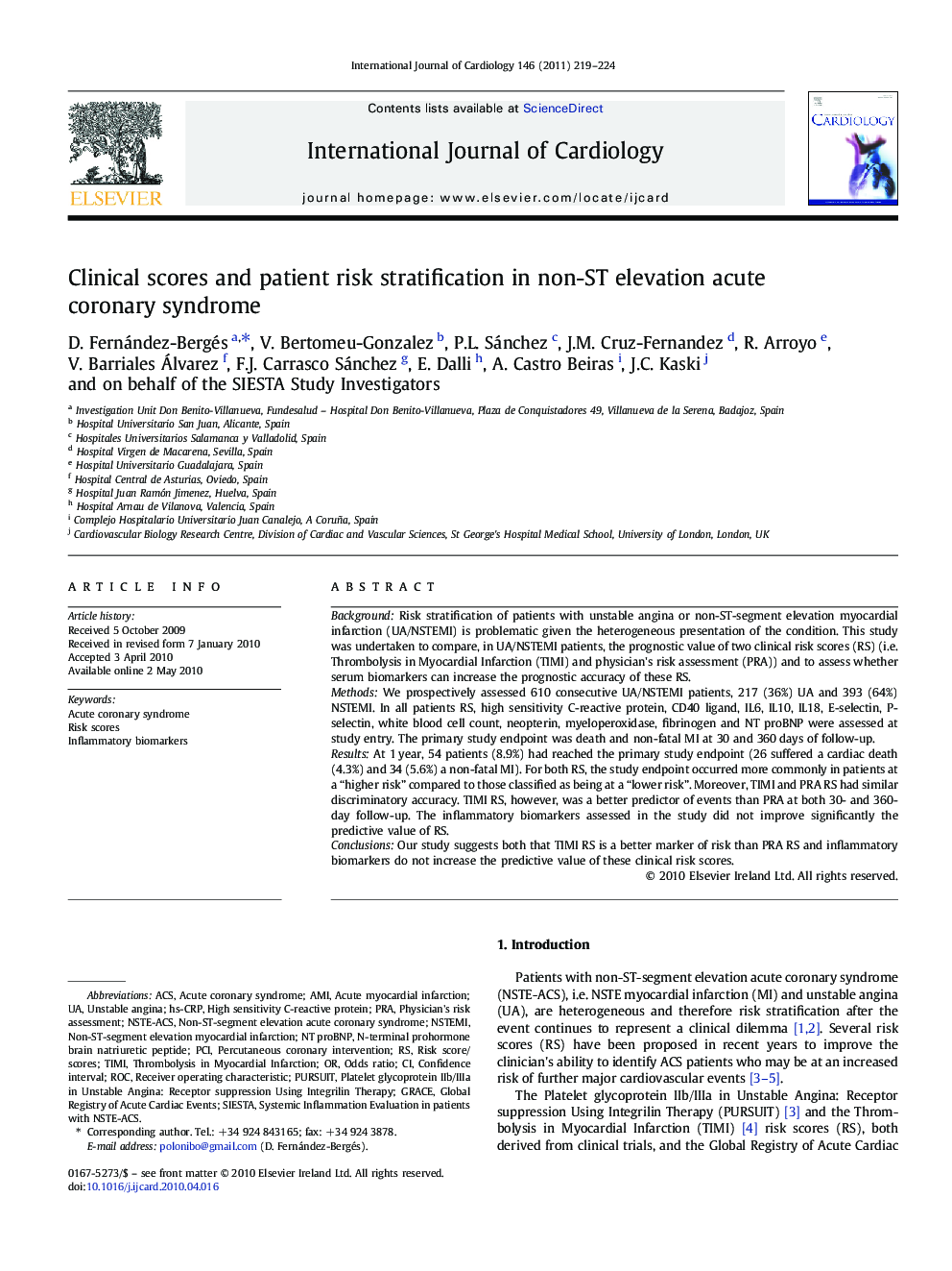 Clinical scores and patient risk stratification in non-ST elevation acute coronary syndrome