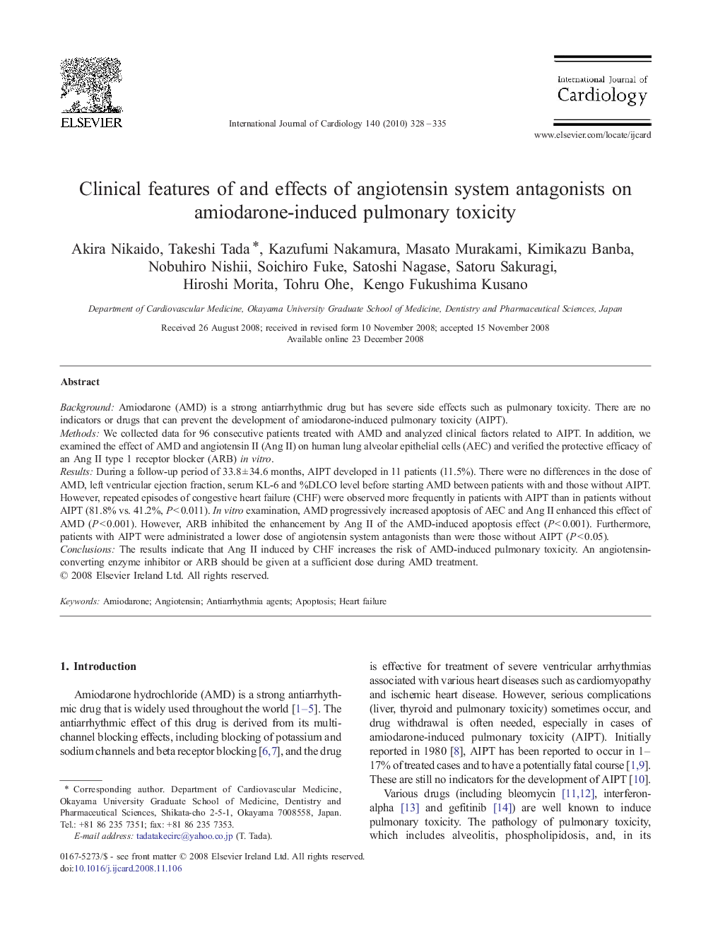 Clinical features of and effects of angiotensin system antagonists on amiodarone-induced pulmonary toxicity