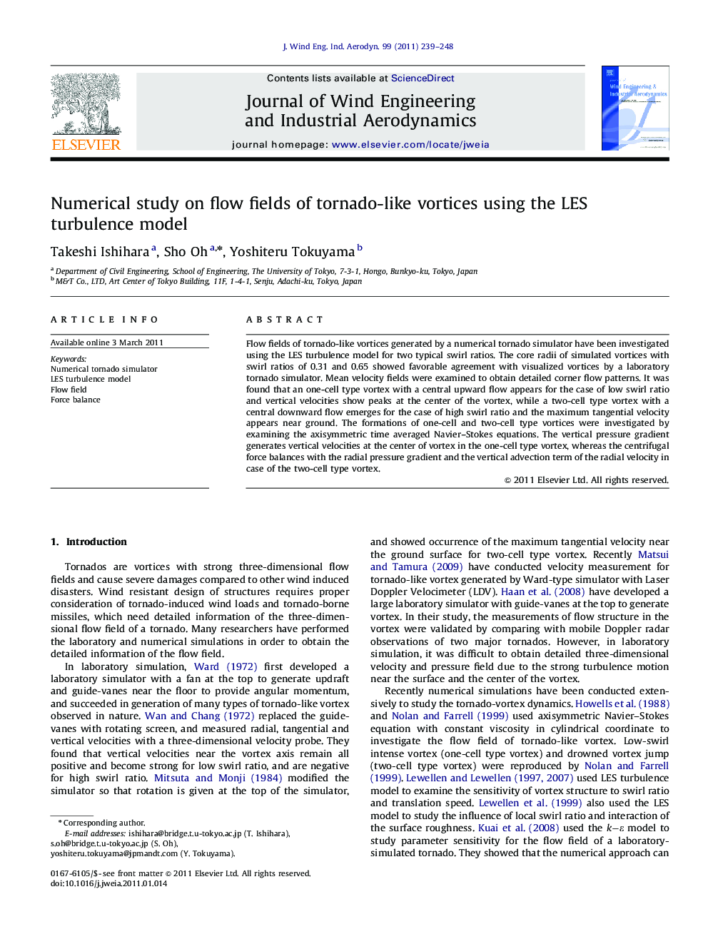 Numerical study on flow fields of tornado-like vortices using the LES turbulence model