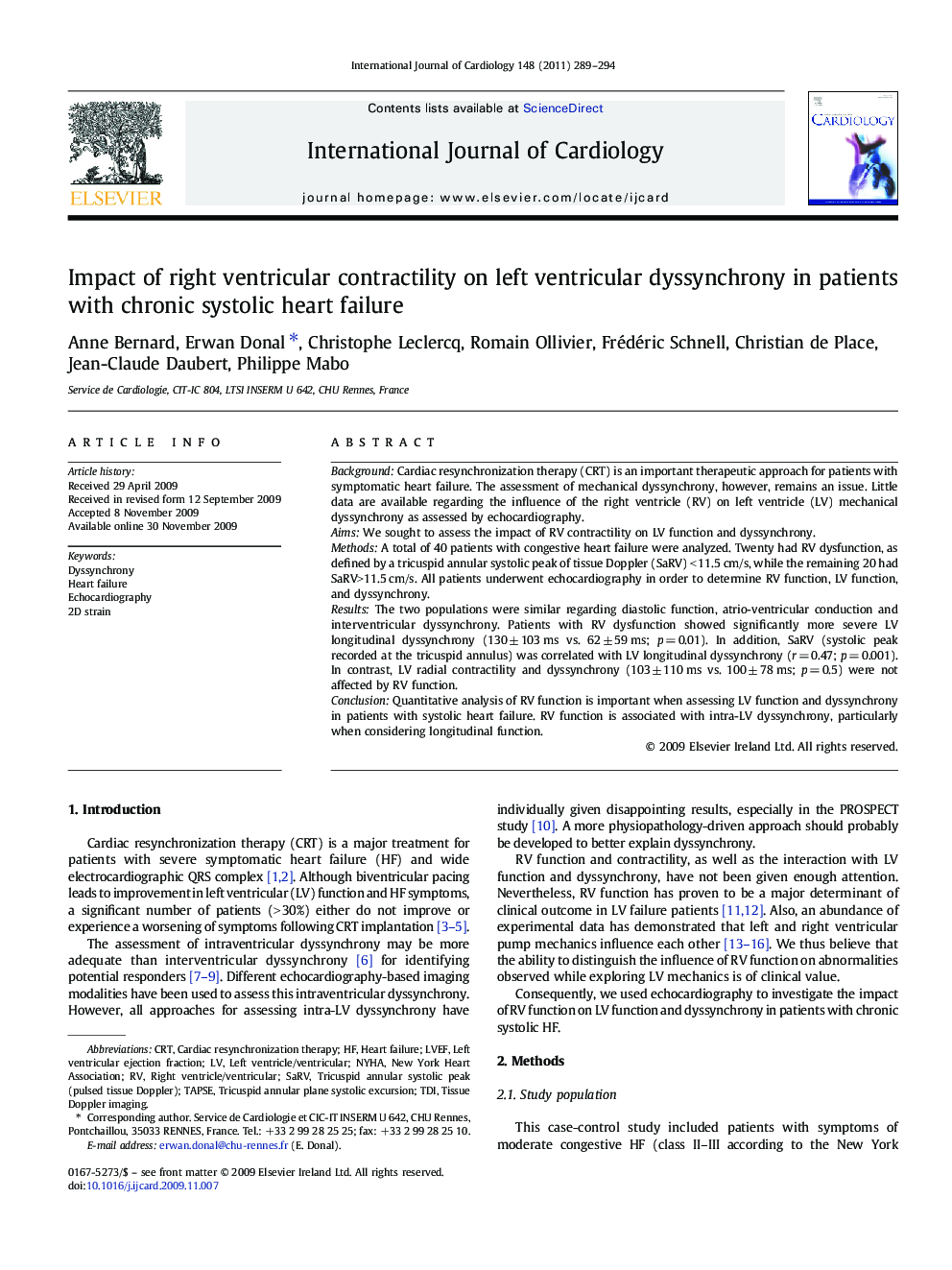 Impact of right ventricular contractility on left ventricular dyssynchrony in patients with chronic systolic heart failure