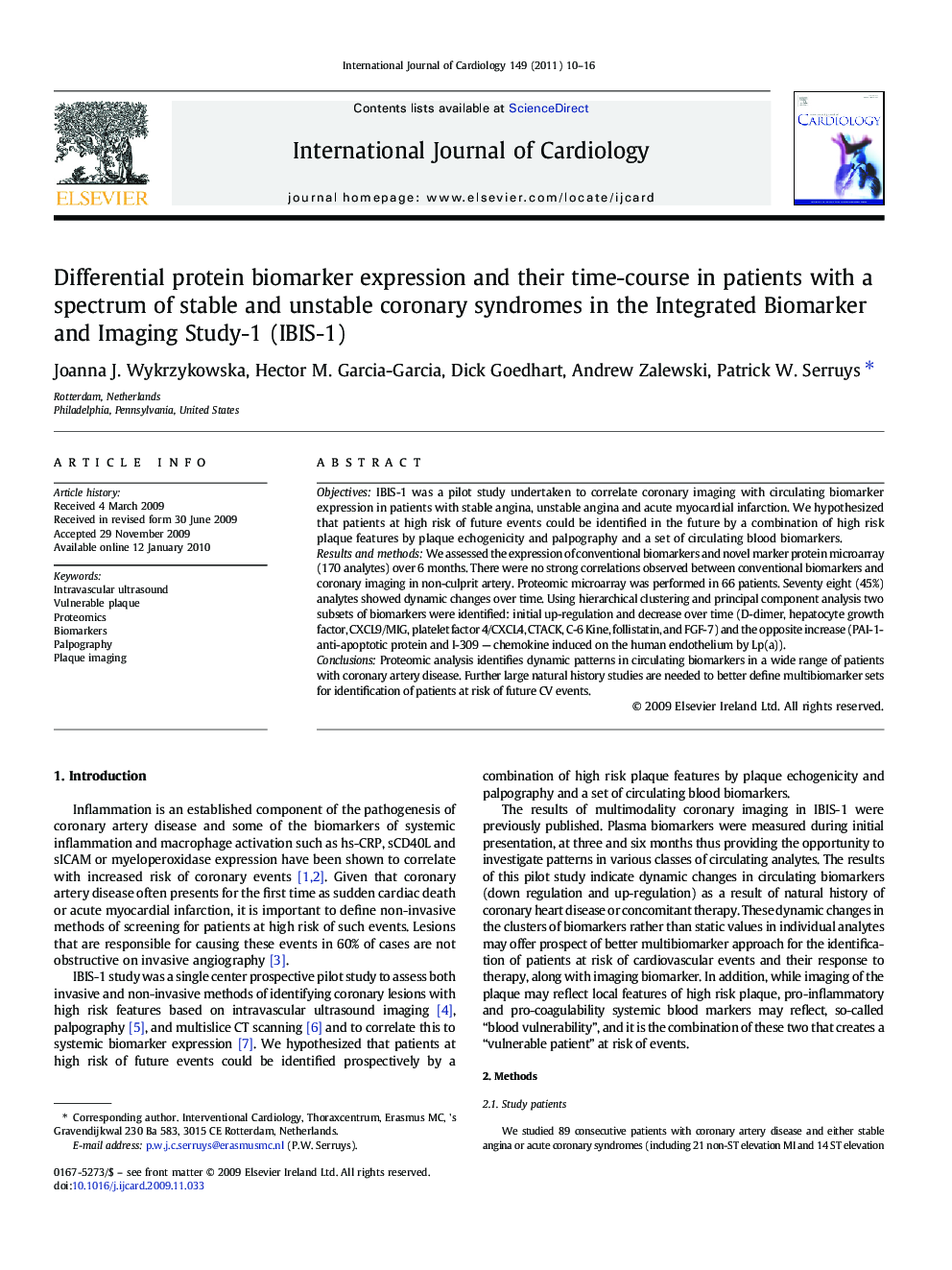 Differential protein biomarker expression and their time-course in patients with a spectrum of stable and unstable coronary syndromes in the Integrated Biomarker and Imaging Study-1 (IBIS-1)