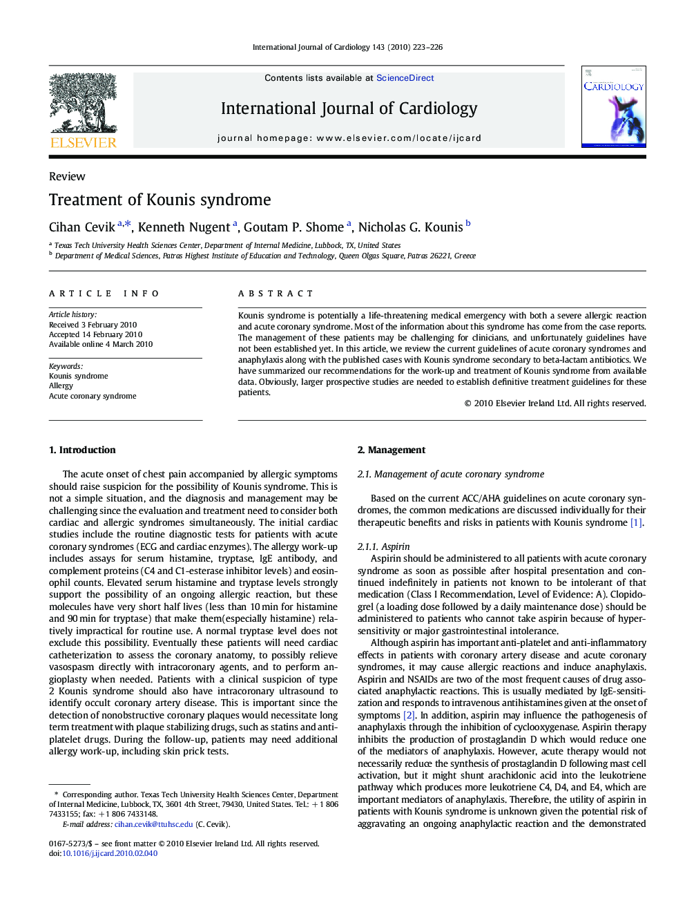 Treatment of Kounis syndrome