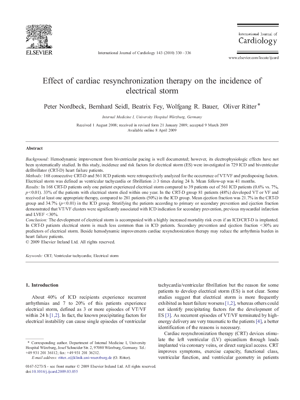 Effect of cardiac resynchronization therapy on the incidence of electrical storm