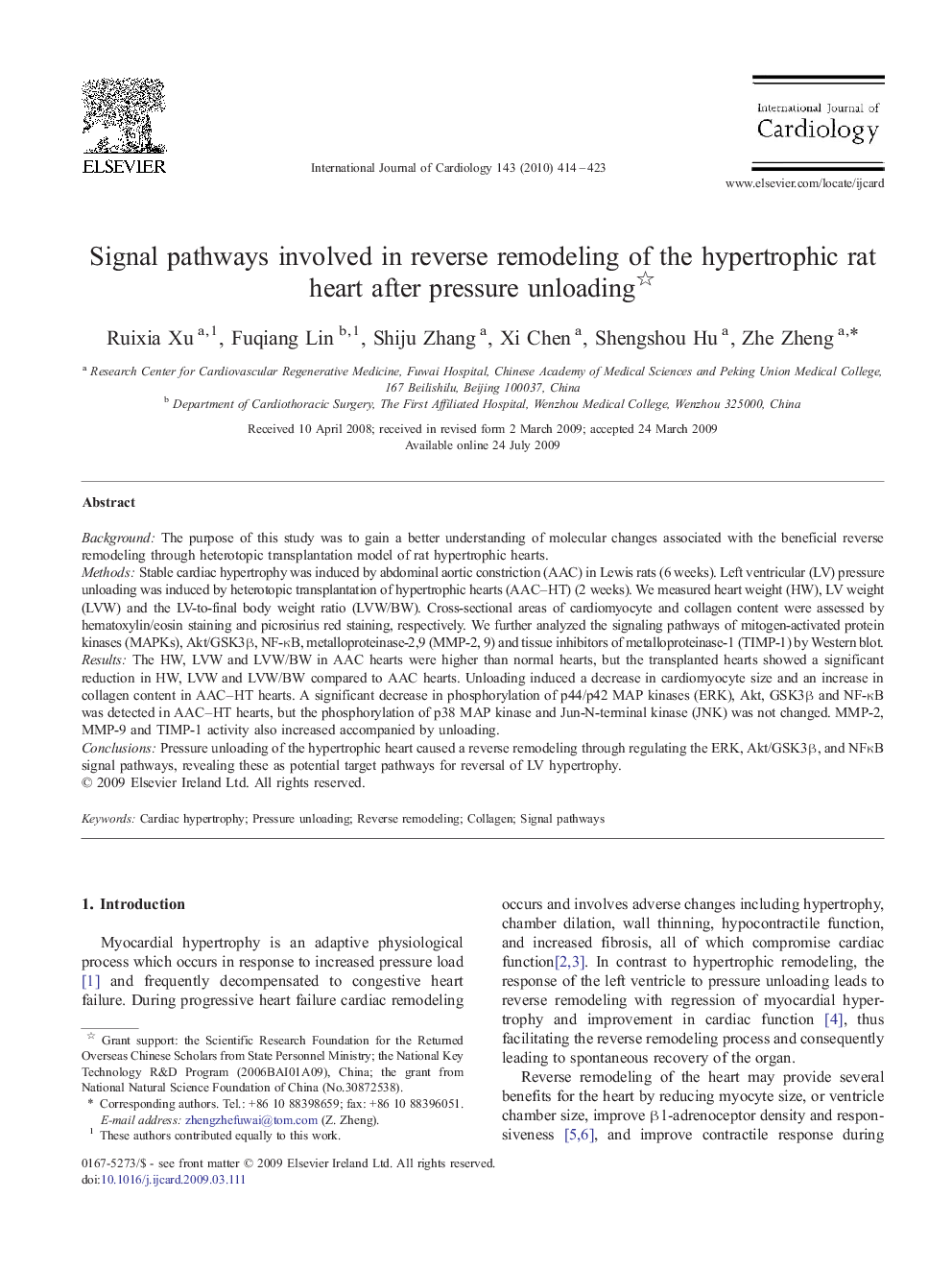 Signal pathways involved in reverse remodeling of the hypertrophic rat heart after pressure unloading 