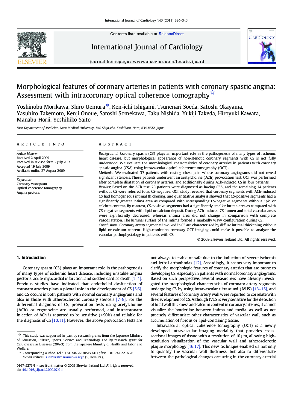 Morphological features of coronary arteries in patients with coronary spastic angina: Assessment with intracoronary optical coherence tomography 