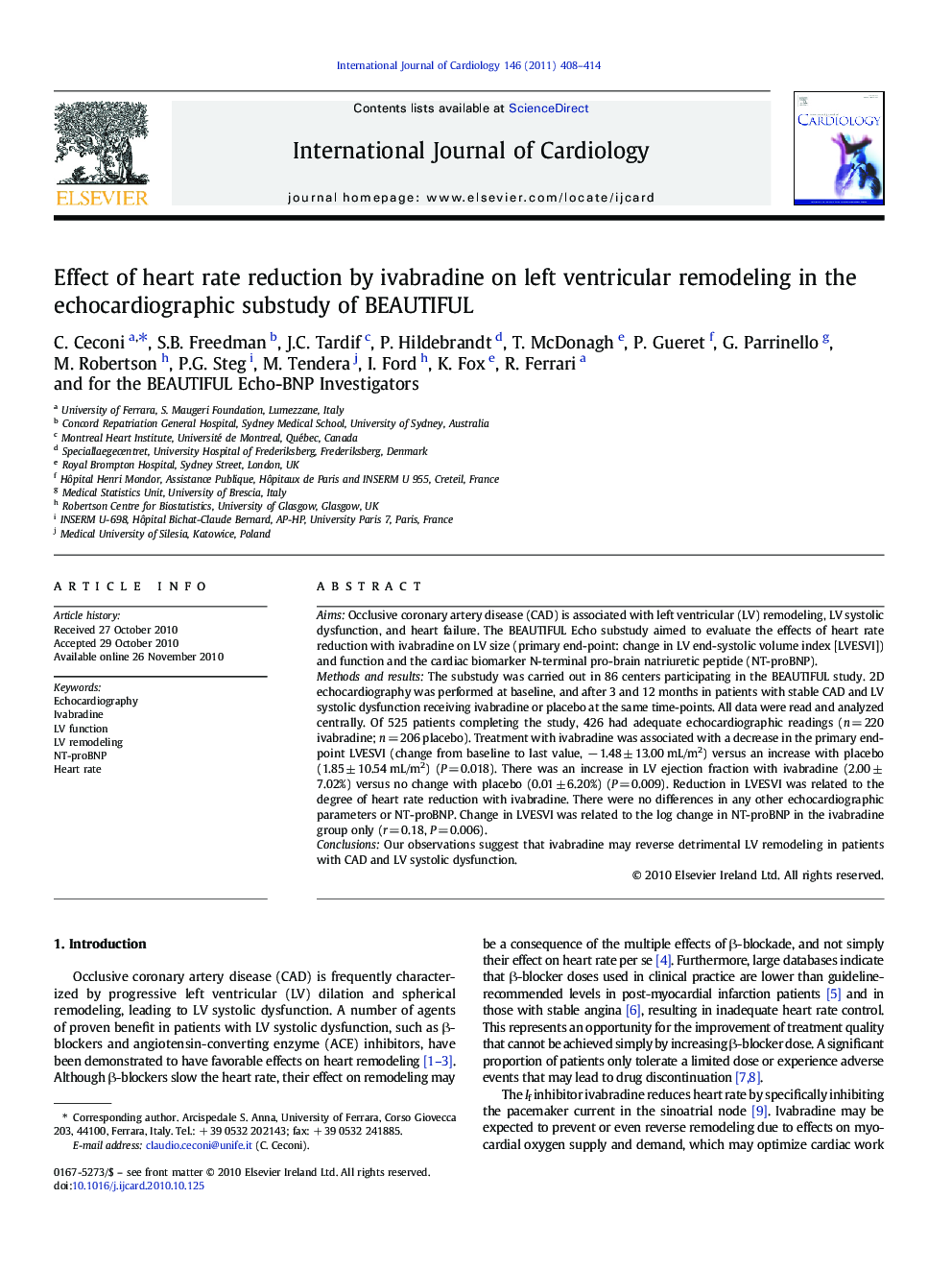 Effect of heart rate reduction by ivabradine on left ventricular remodeling in the echocardiographic substudy of BEAUTIFUL