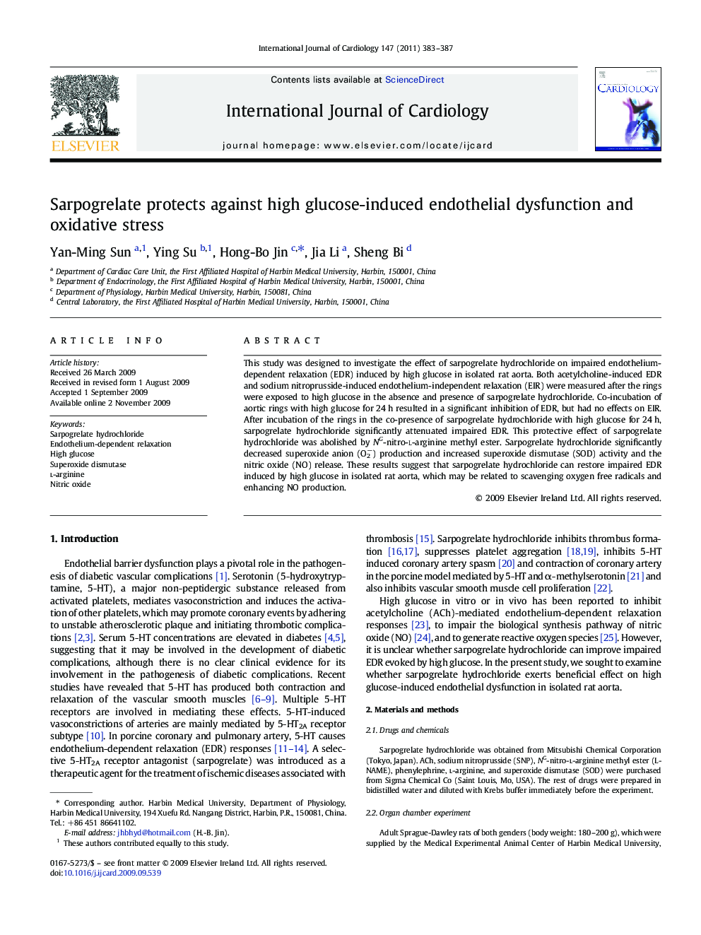 Sarpogrelate protects against high glucose-induced endothelial dysfunction and oxidative stress