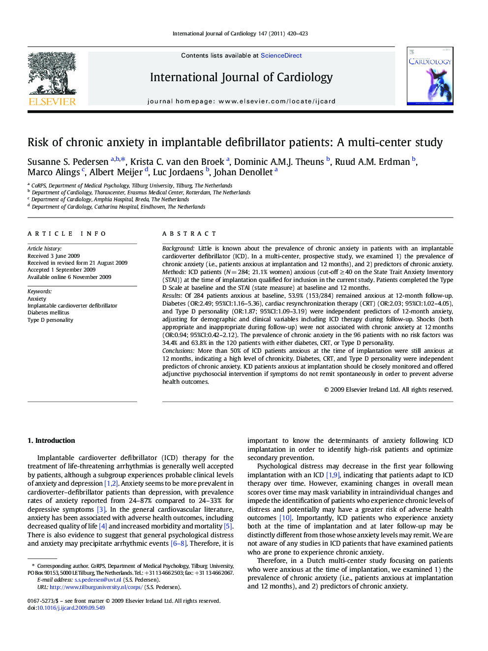 Risk of chronic anxiety in implantable defibrillator patients: A multi-center study