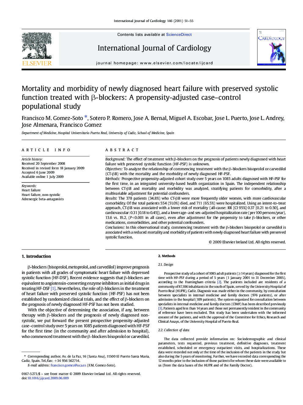 Mortality and morbidity of newly diagnosed heart failure with preserved systolic function treated with β-blockers: A propensity-adjusted case–control populational study