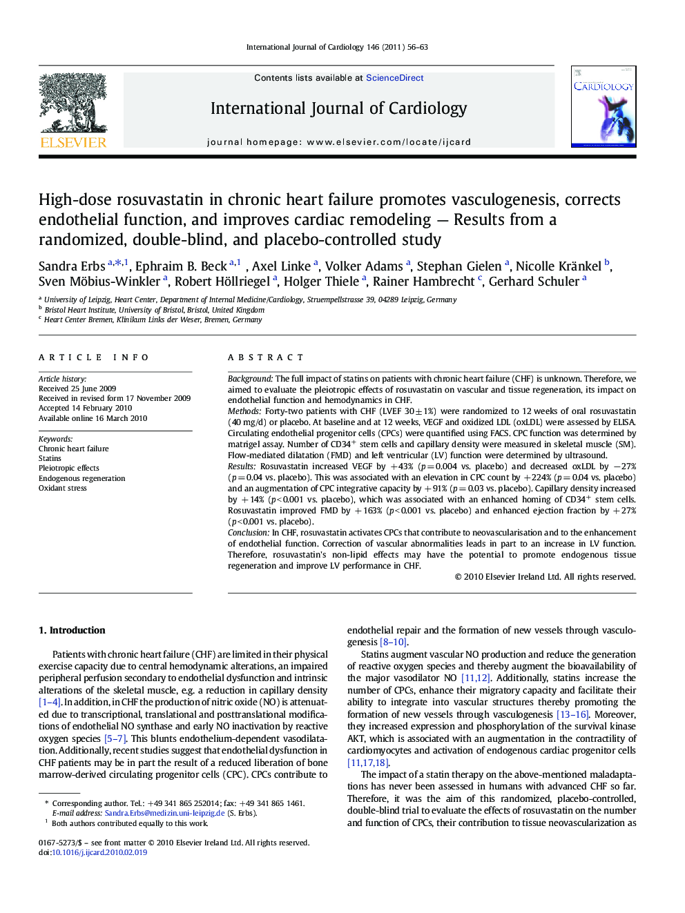 High-dose rosuvastatin in chronic heart failure promotes vasculogenesis, corrects endothelial function, and improves cardiac remodeling — Results from a randomized, double-blind, and placebo-controlled study