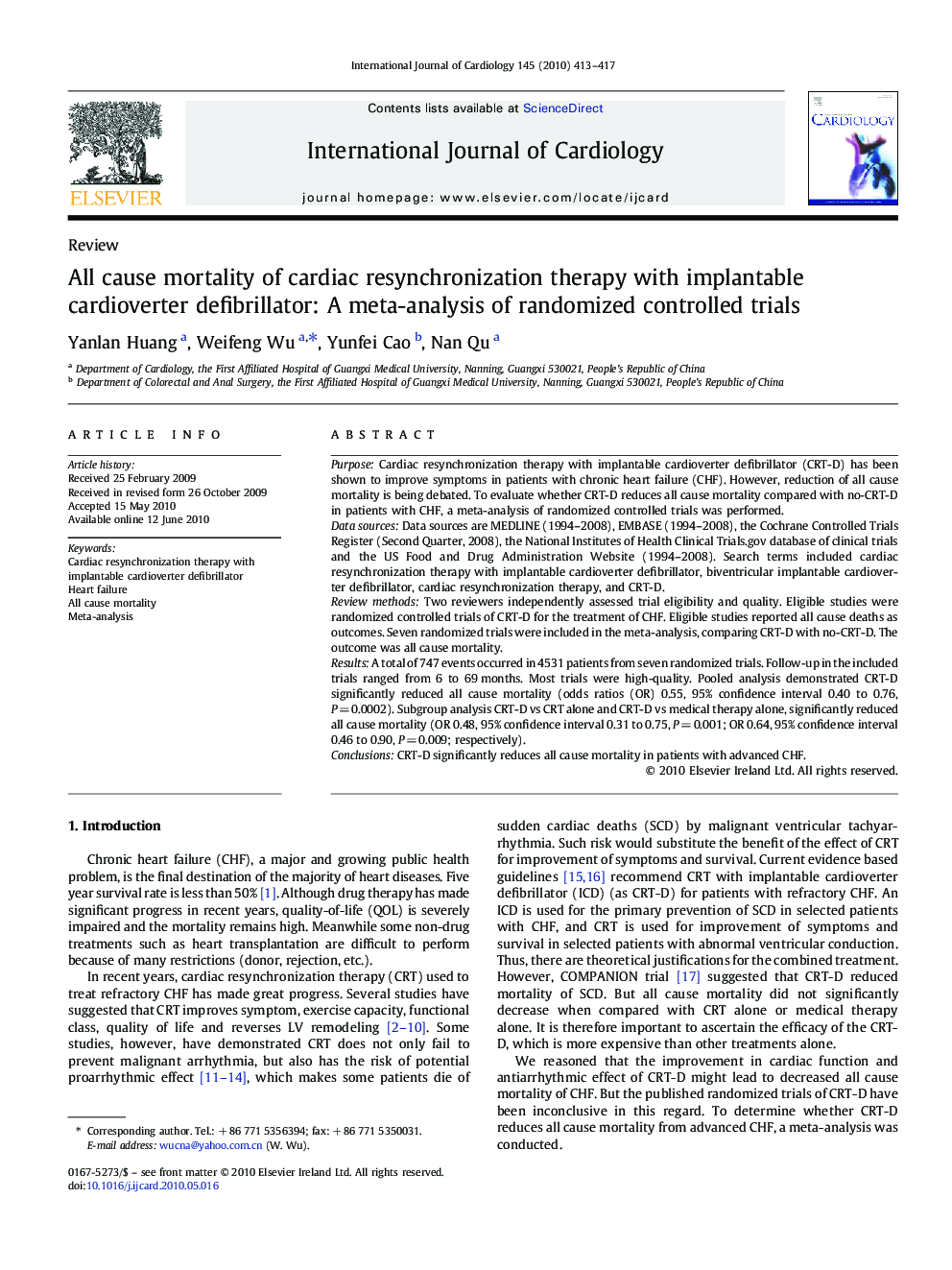 All cause mortality of cardiac resynchronization therapy with implantable cardioverter defibrillator: A meta-analysis of randomized controlled trials