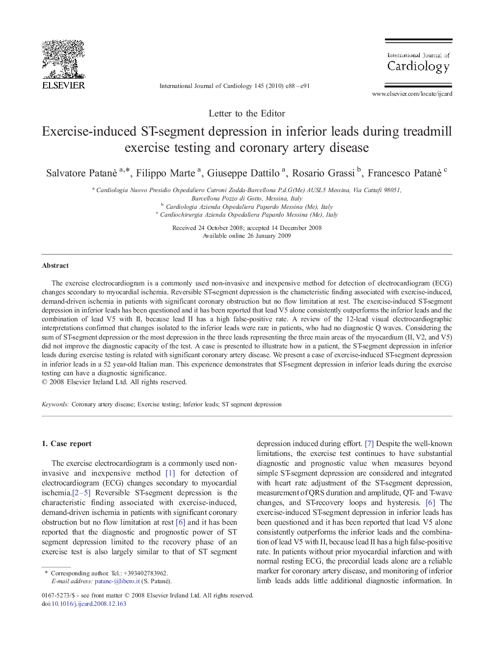 Exercise-induced ST-segment depression in inferior leads during treadmill exercise testing and coronary artery disease