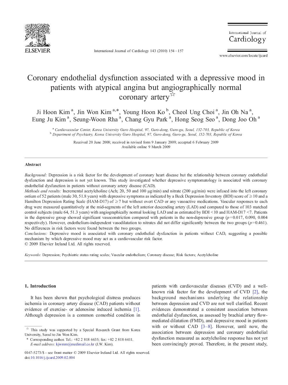 Coronary endothelial dysfunction associated with a depressive mood in patients with atypical angina but angiographically normal coronary artery 