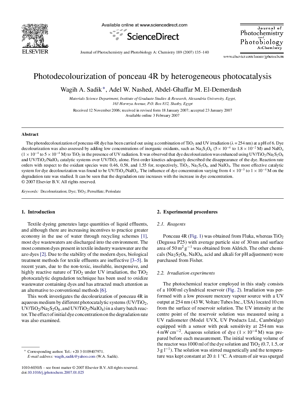 Photodecolourization of ponceau 4R by heterogeneous photocatalysis