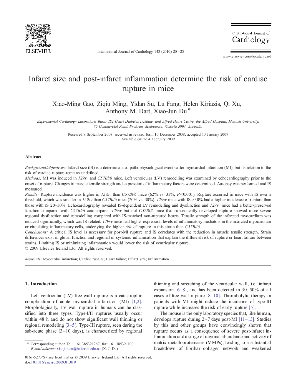 Infarct size and post-infarct inflammation determine the risk of cardiac rupture in mice