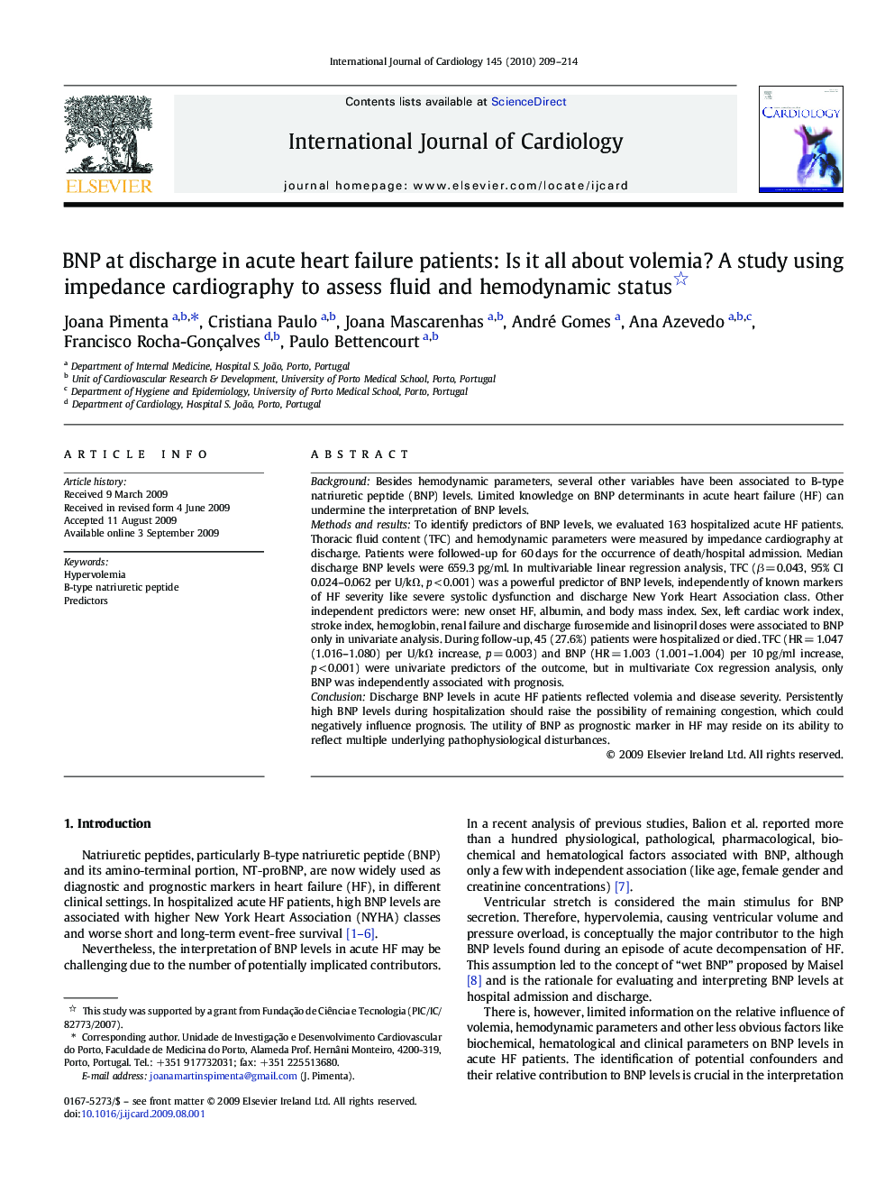 BNP at discharge in acute heart failure patients: Is it all about volemia? A study using impedance cardiography to assess fluid and hemodynamic status 