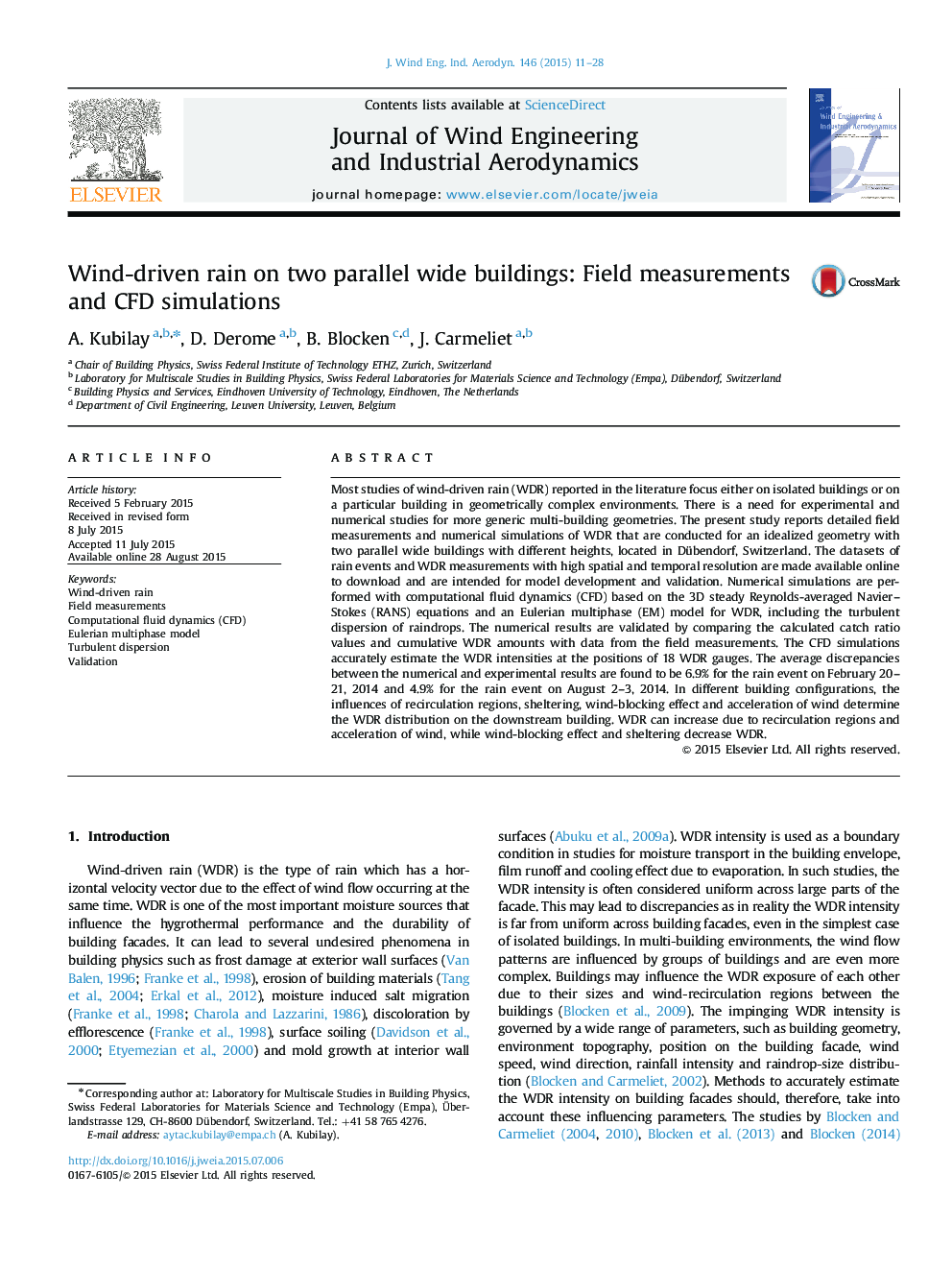 Wind-driven rain on two parallel wide buildings: Field measurements and CFD simulations