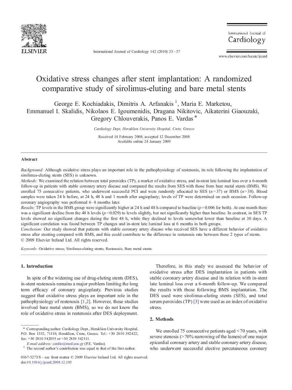 Oxidative stress changes after stent implantation: A randomized comparative study of sirolimus-eluting and bare metal stents