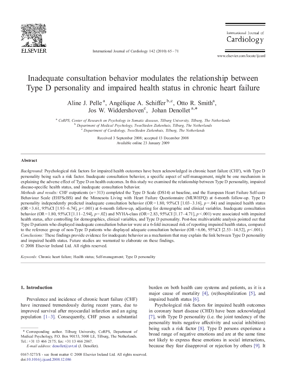 Inadequate consultation behavior modulates the relationship between Type D personality and impaired health status in chronic heart failure