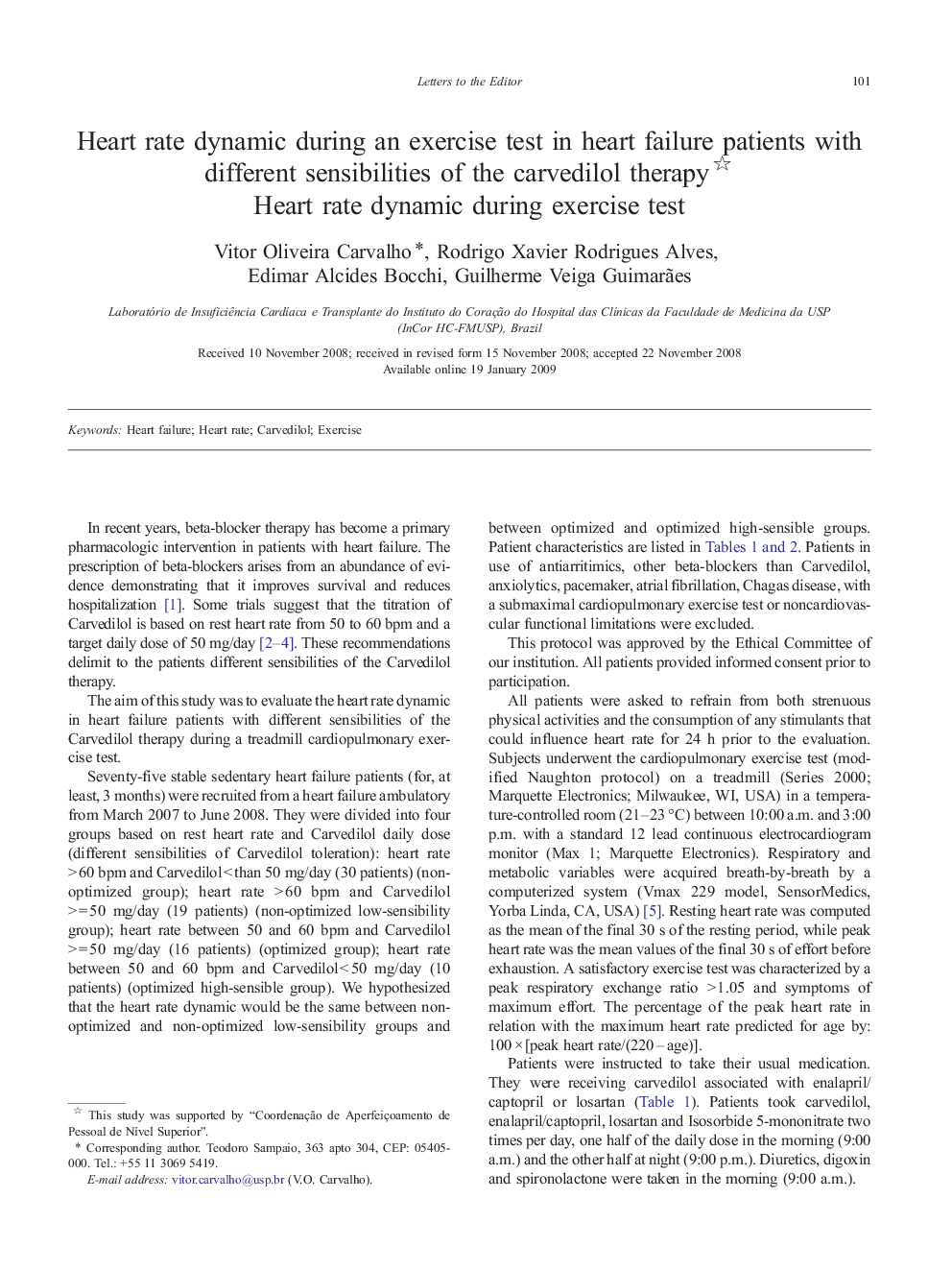 Heart rate dynamic during an exercise test in heart failure patients with different sensibilities of the carvedilol therapy : Heart rate dynamic during exercise test