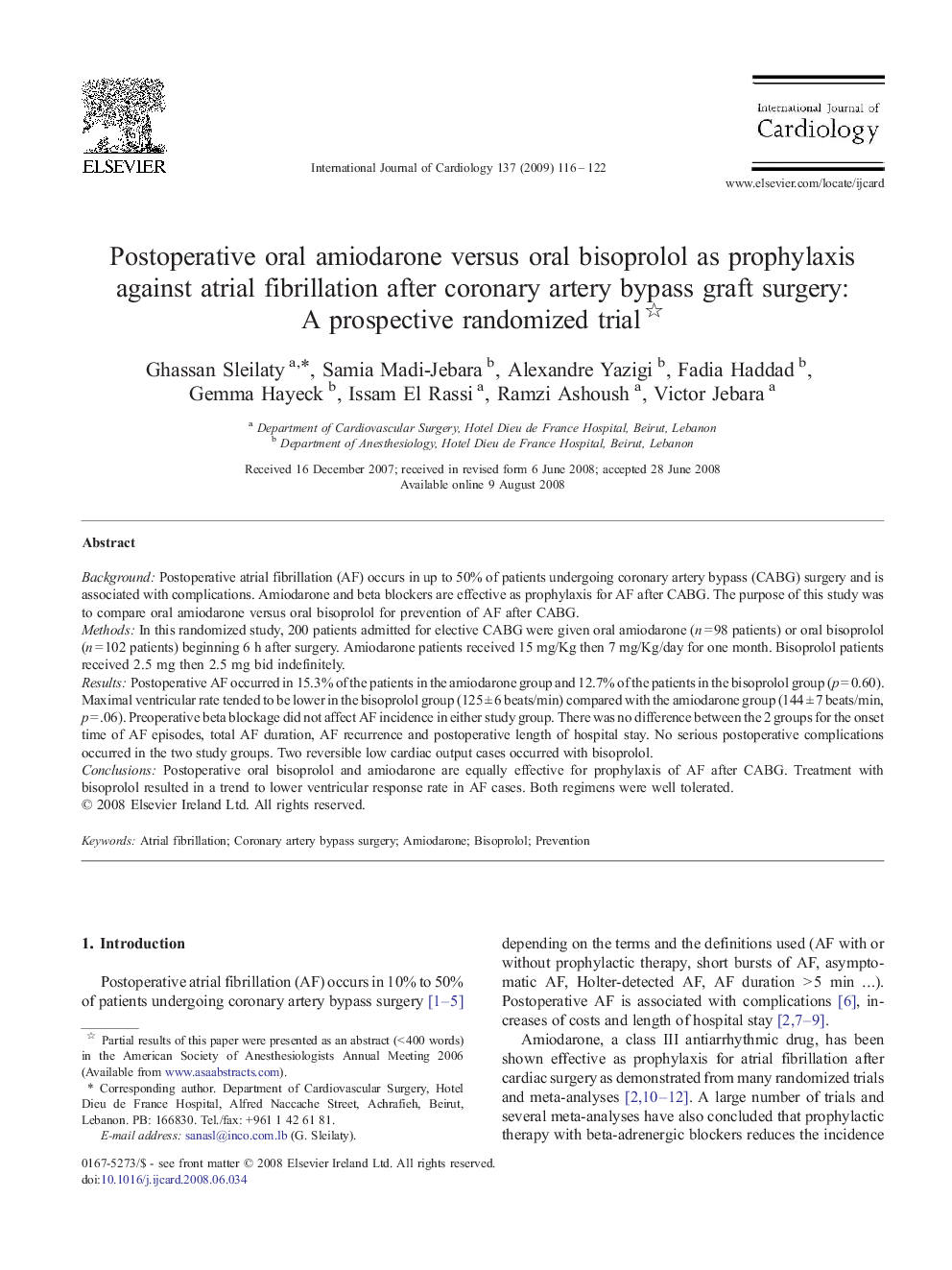 Postoperative oral amiodarone versus oral bisoprolol as prophylaxis against atrial fibrillation after coronary artery bypass graft surgery: A prospective randomized trial 