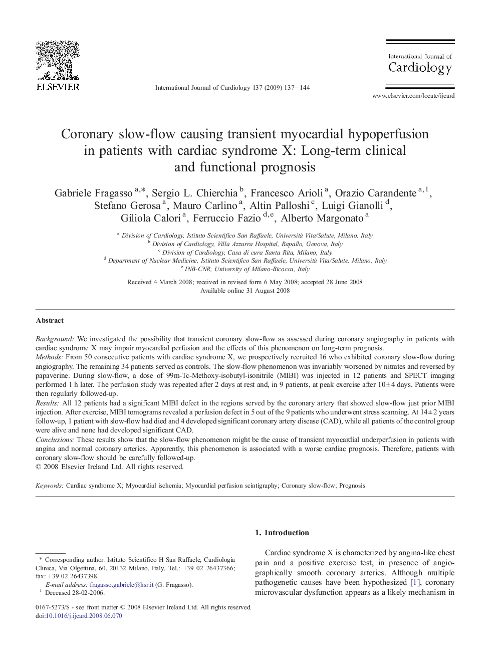 Coronary slow-flow causing transient myocardial hypoperfusion in patients with cardiac syndrome X: Long-term clinical and functional prognosis