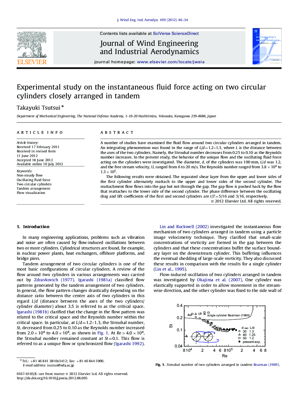 Experimental study on the instantaneous fluid force acting on two circular cylinders closely arranged in tandem