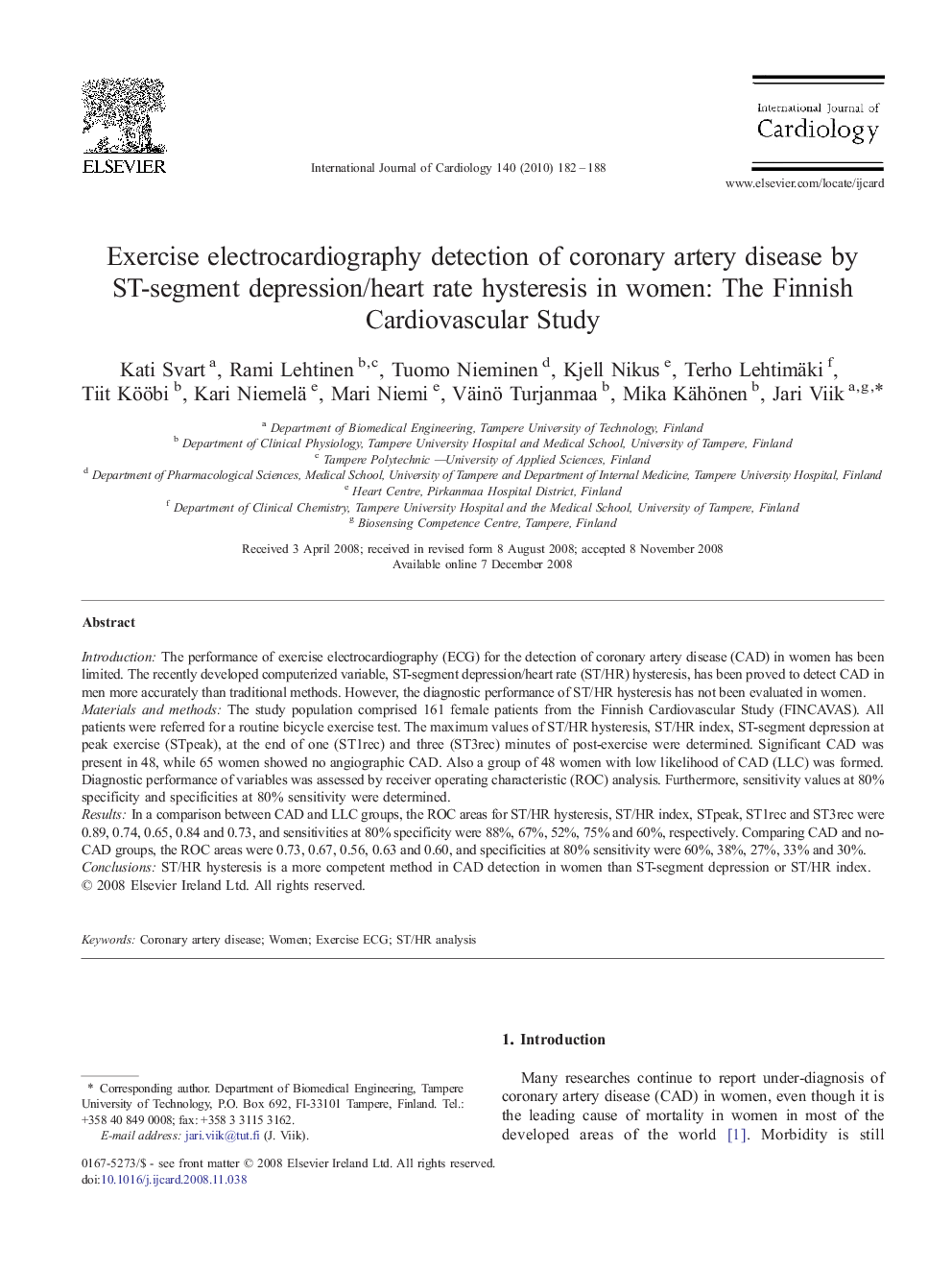 Exercise electrocardiography detection of coronary artery disease by ST-segment depression/heart rate hysteresis in women: The Finnish Cardiovascular Study