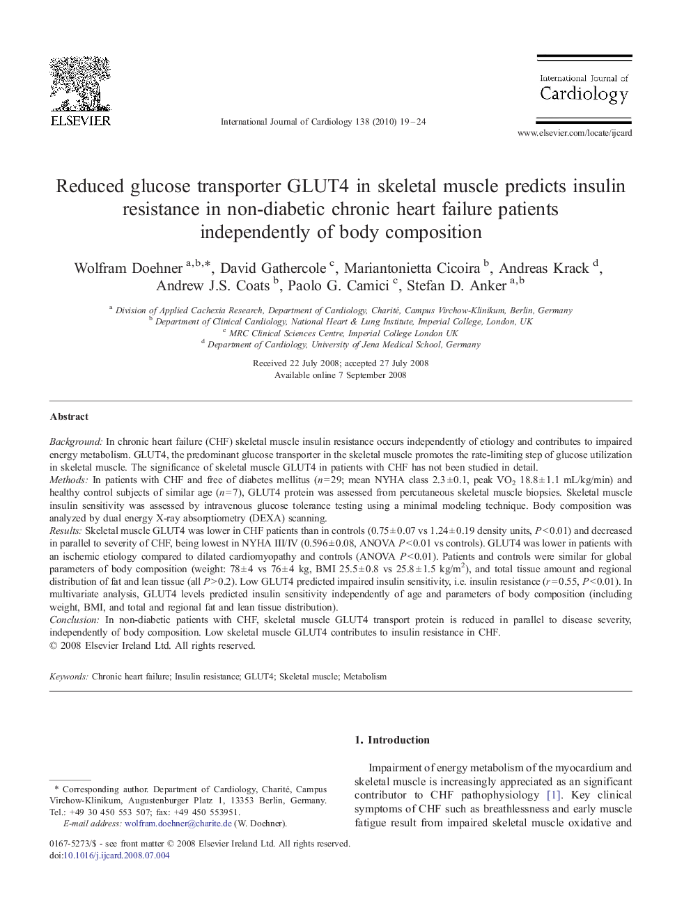 Reduced glucose transporter GLUT4 in skeletal muscle predicts insulin resistance in non-diabetic chronic heart failure patients independently of body composition