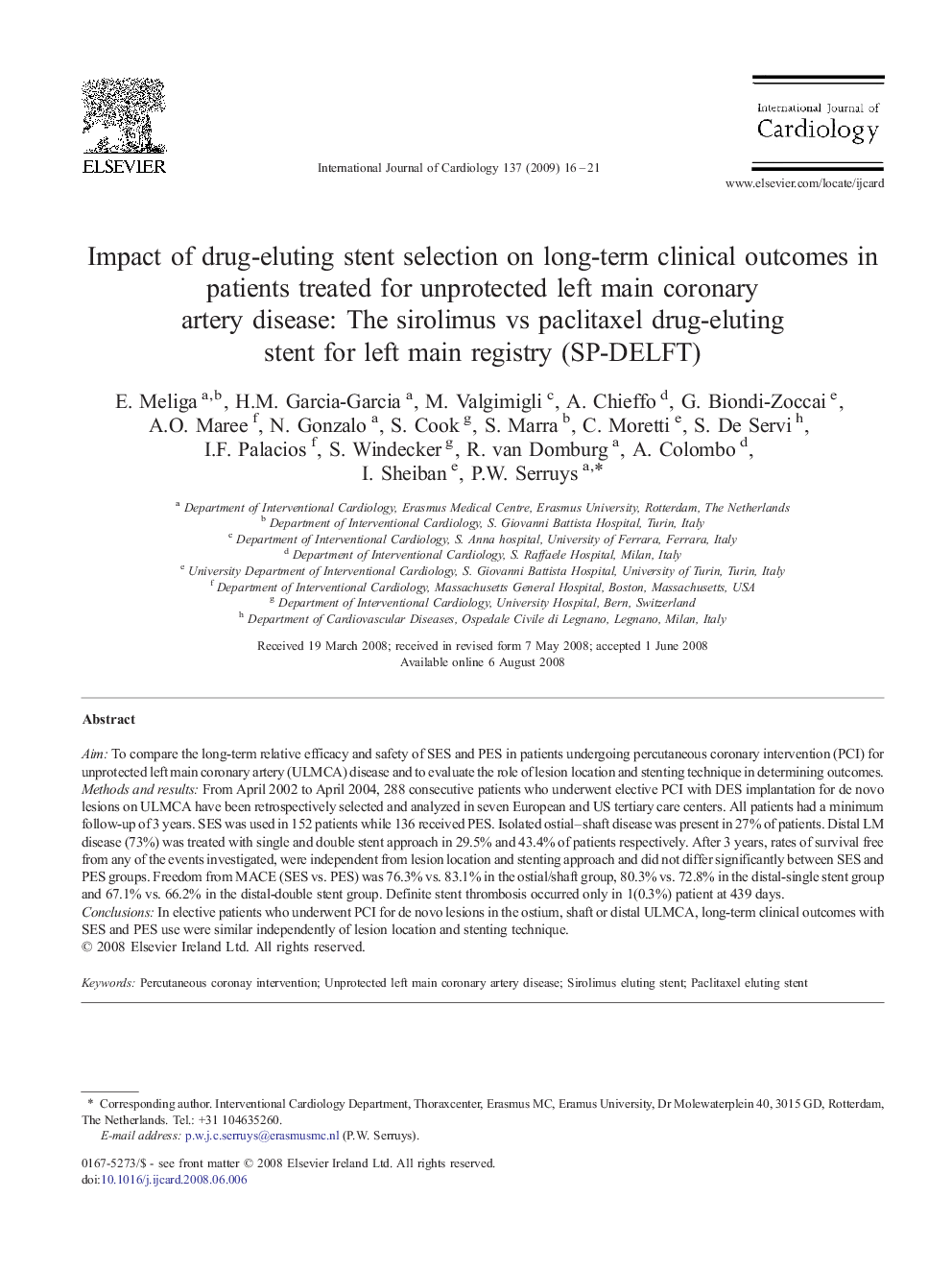 Impact of drug-eluting stent selection on long-term clinical outcomes in patients treated for unprotected left main coronary artery disease: The sirolimus vs paclitaxel drug-eluting stent for left main registry (SP-DELFT)