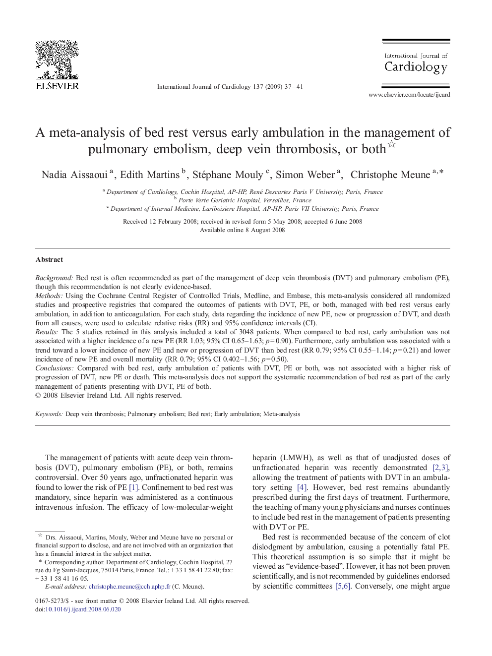 A meta-analysis of bed rest versus early ambulation in the management of pulmonary embolism, deep vein thrombosis, or both 