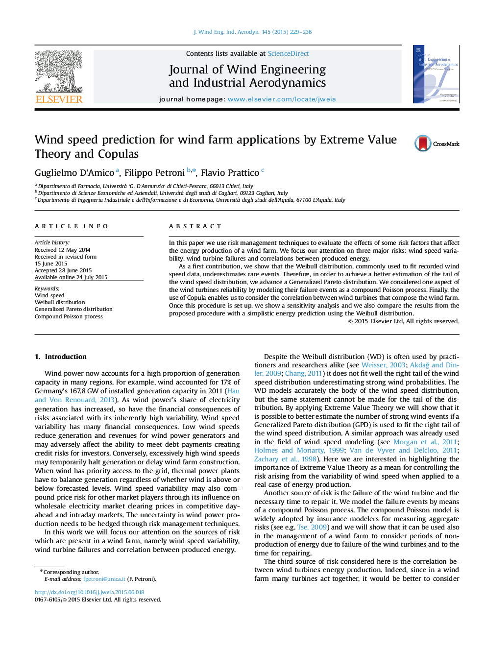 Wind speed prediction for wind farm applications by Extreme Value Theory and Copulas