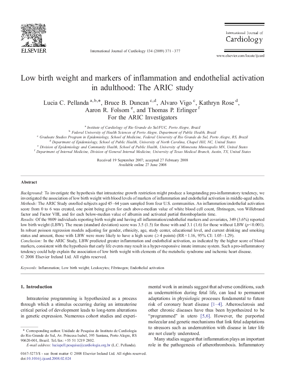 Low birth weight and markers of inflammation and endothelial activation in adulthood: The ARIC study