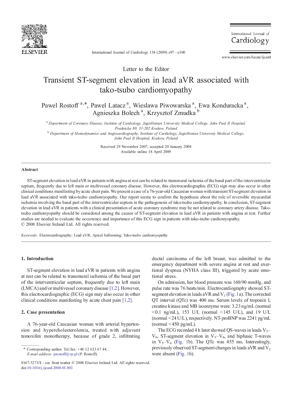 Transient ST-segment elevation in lead aVR associated with tako-tsubo cardiomyopathy