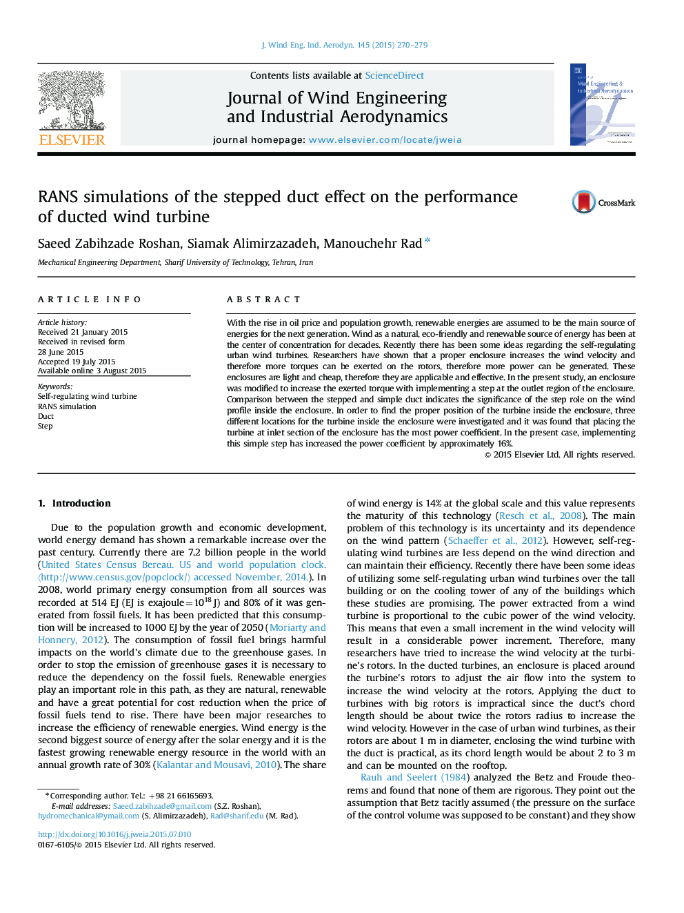 RANS simulations of the stepped duct effect on the performance of ducted wind turbine