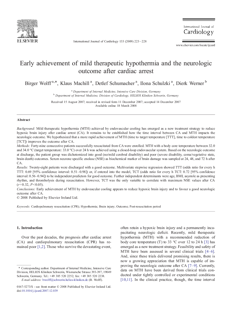 Early achievement of mild therapeutic hypothermia and the neurologic outcome after cardiac arrest