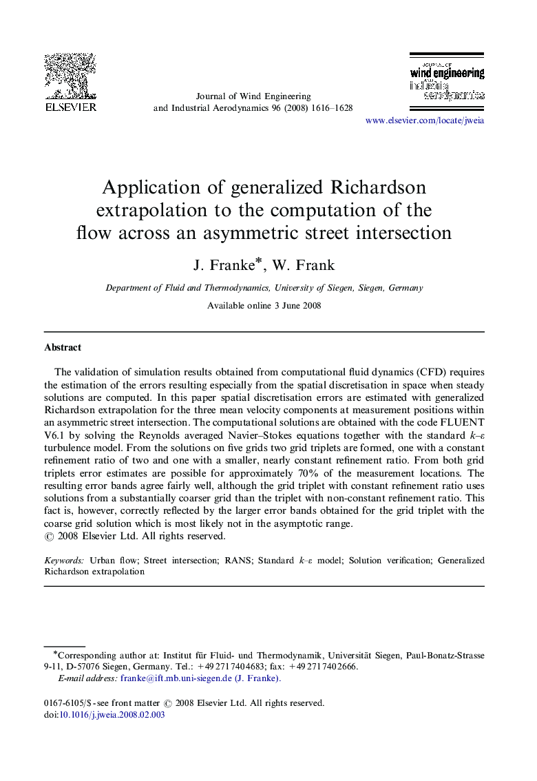 Application of generalized Richardson extrapolation to the computation of the flow across an asymmetric street intersection