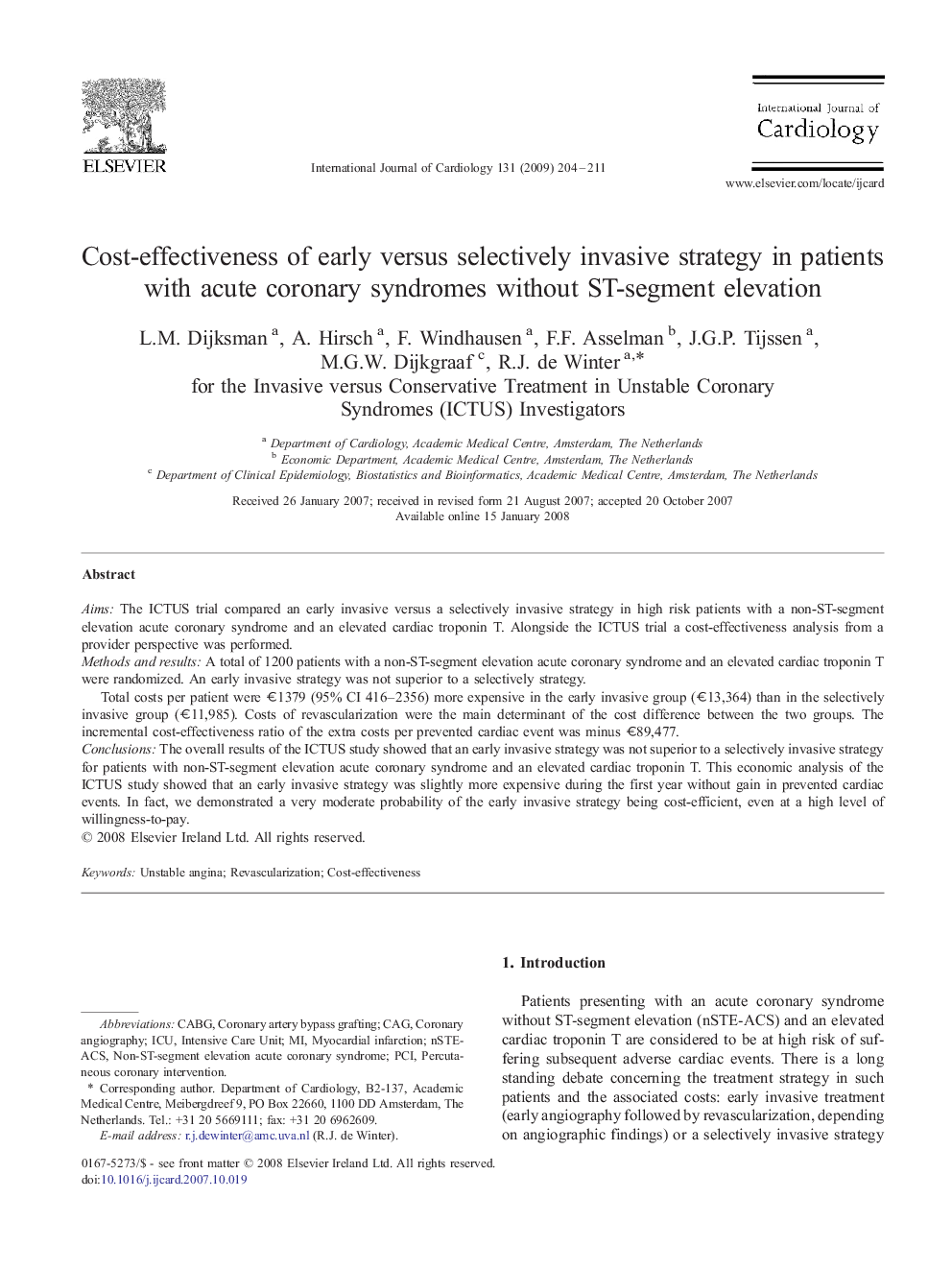 Cost-effectiveness of early versus selectively invasive strategy in patients with acute coronary syndromes without ST-segment elevation