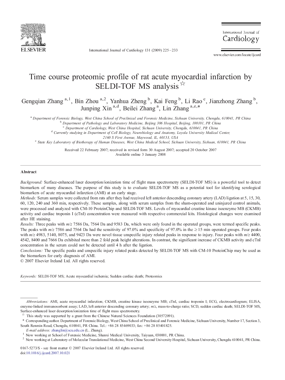 Time course proteomic profile of rat acute myocardial infarction by SELDI-TOF MS analysis 