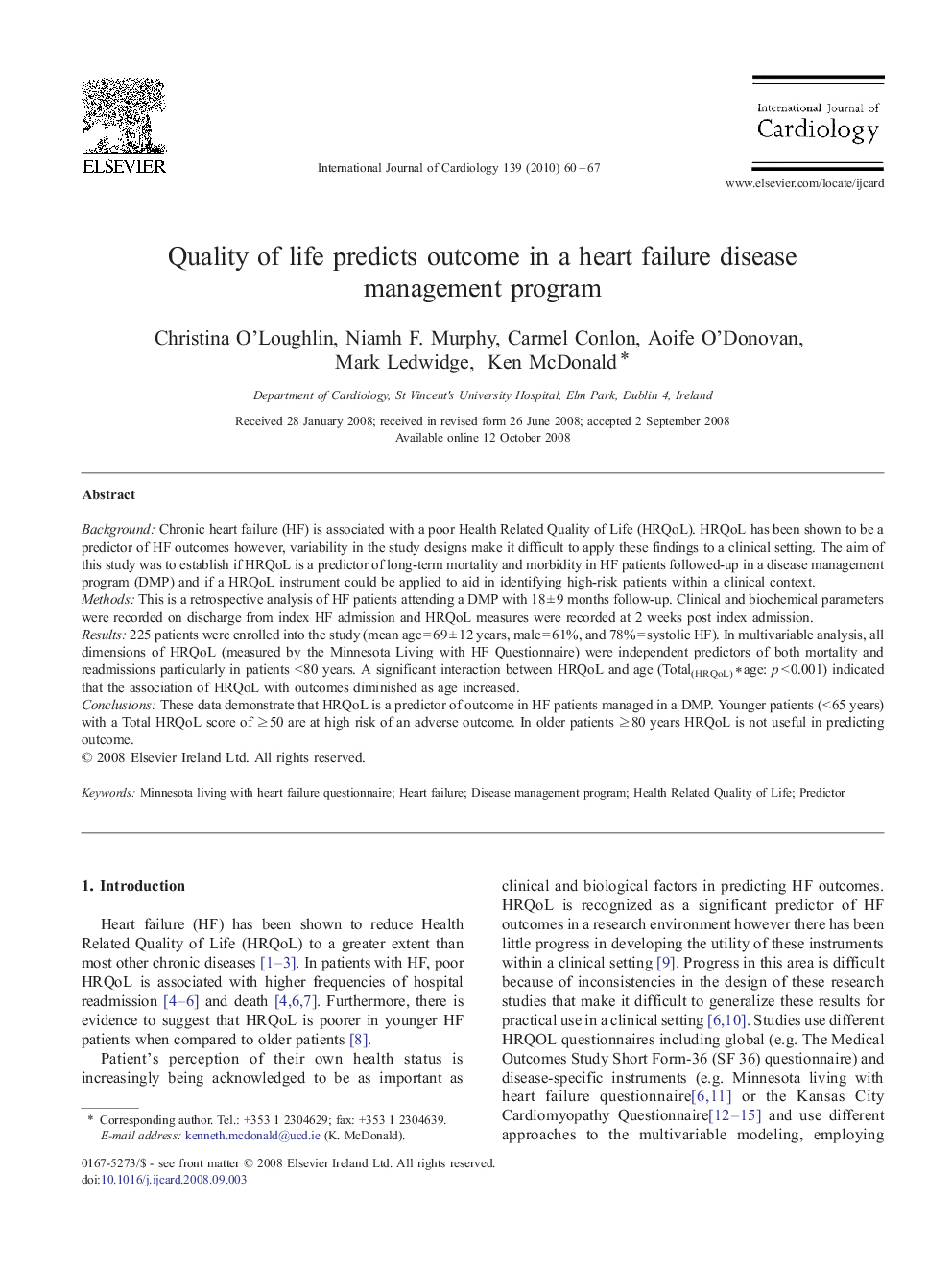 Quality of life predicts outcome in a heart failure disease management program