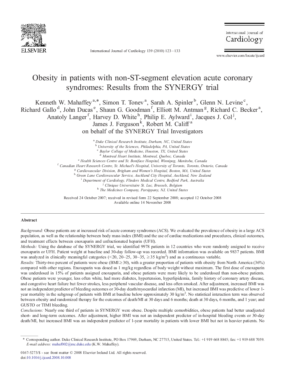 Obesity in patients with non-ST-segment elevation acute coronary syndromes: Results from the SYNERGY trial