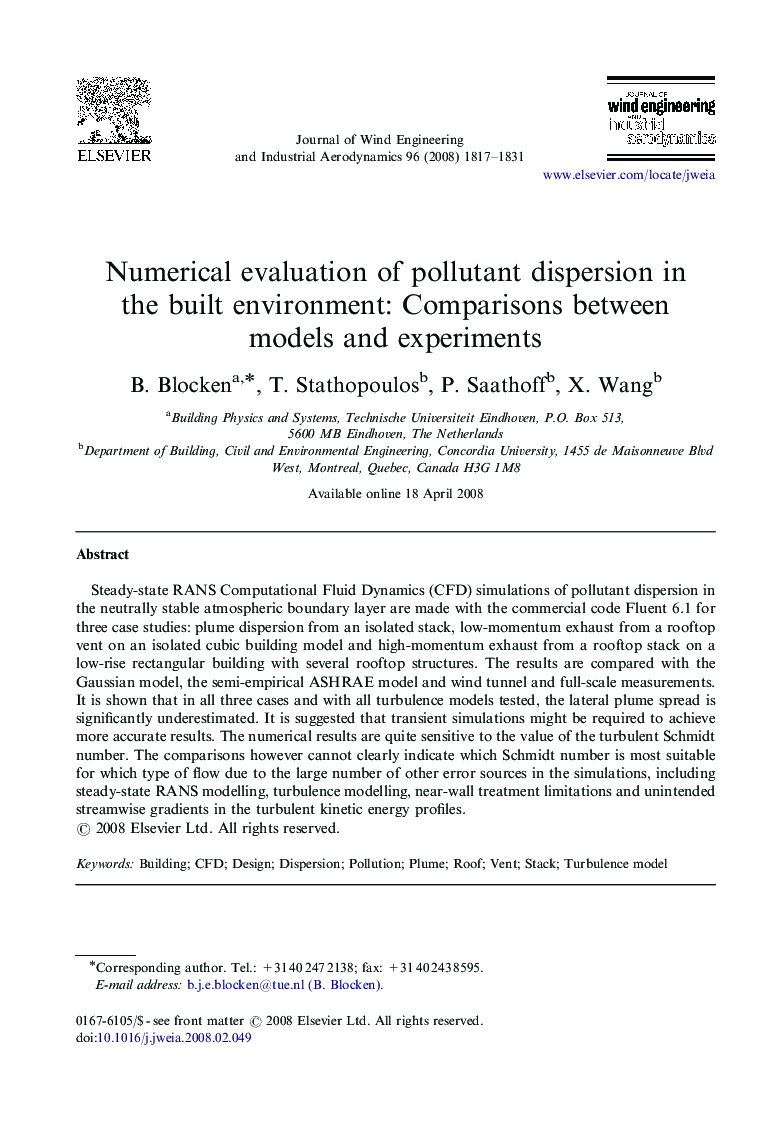 Numerical evaluation of pollutant dispersion in the built environment: Comparisons between models and experiments