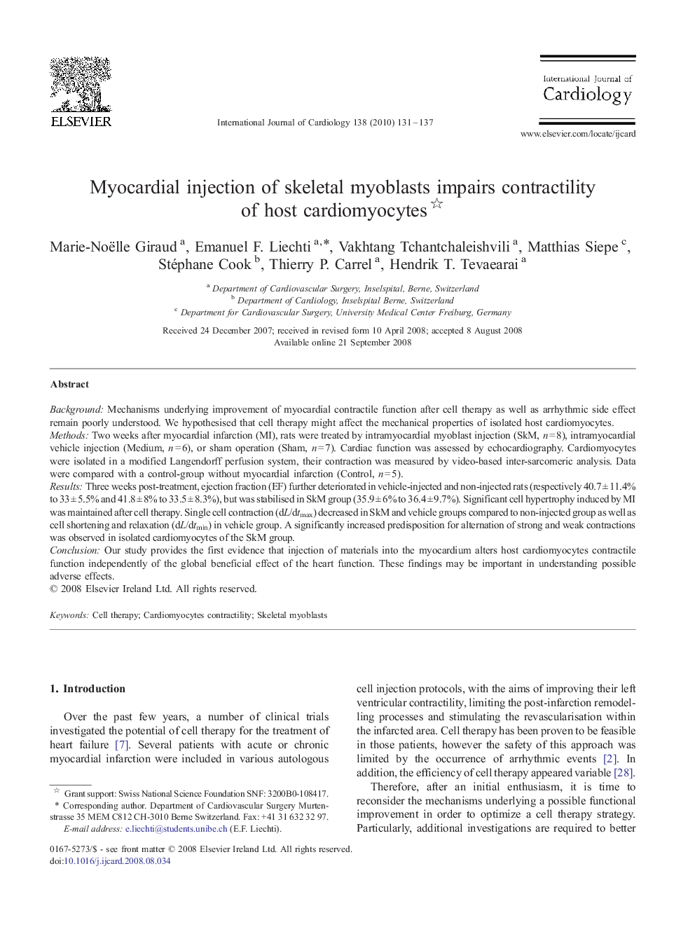 Myocardial injection of skeletal myoblasts impairs contractility of host cardiomyocytes 