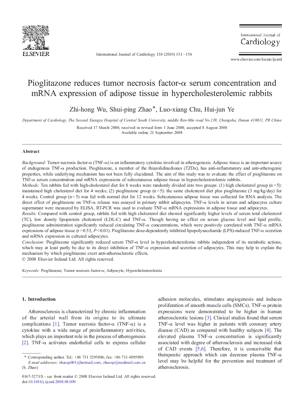 Pioglitazone reduces tumor necrosis factor-α serum concentration and mRNA expression of adipose tissue in hypercholesterolemic rabbits