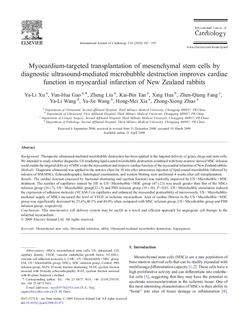 Myocardium-targeted transplantation of mesenchymal stem cells by diagnostic ultrasound-mediated microbubble destruction improves cardiac function in myocardial infarction of New Zealand rabbits